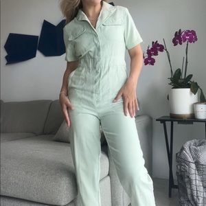 Full length mint green denim jumpsuit